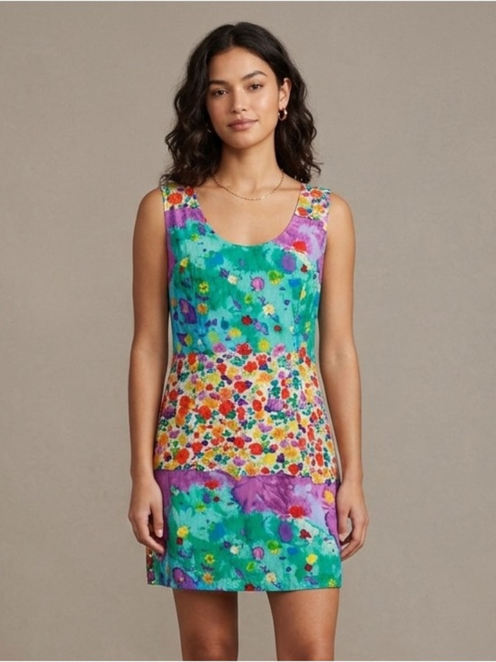 Jams World Sz M Vintage Colorful Watercolour Sleeveless Mini Tunic Dress